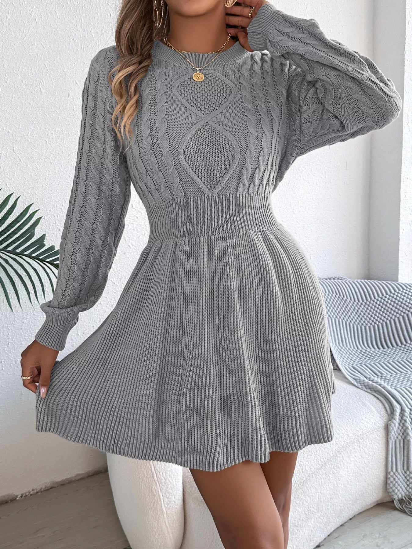 Cable Knit Long Sleeve Sweater Dress OutfitFlow