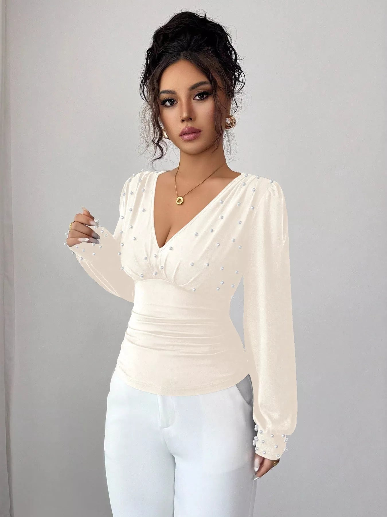 Pearl Embellished V-Neck Blouse OutfitFlow