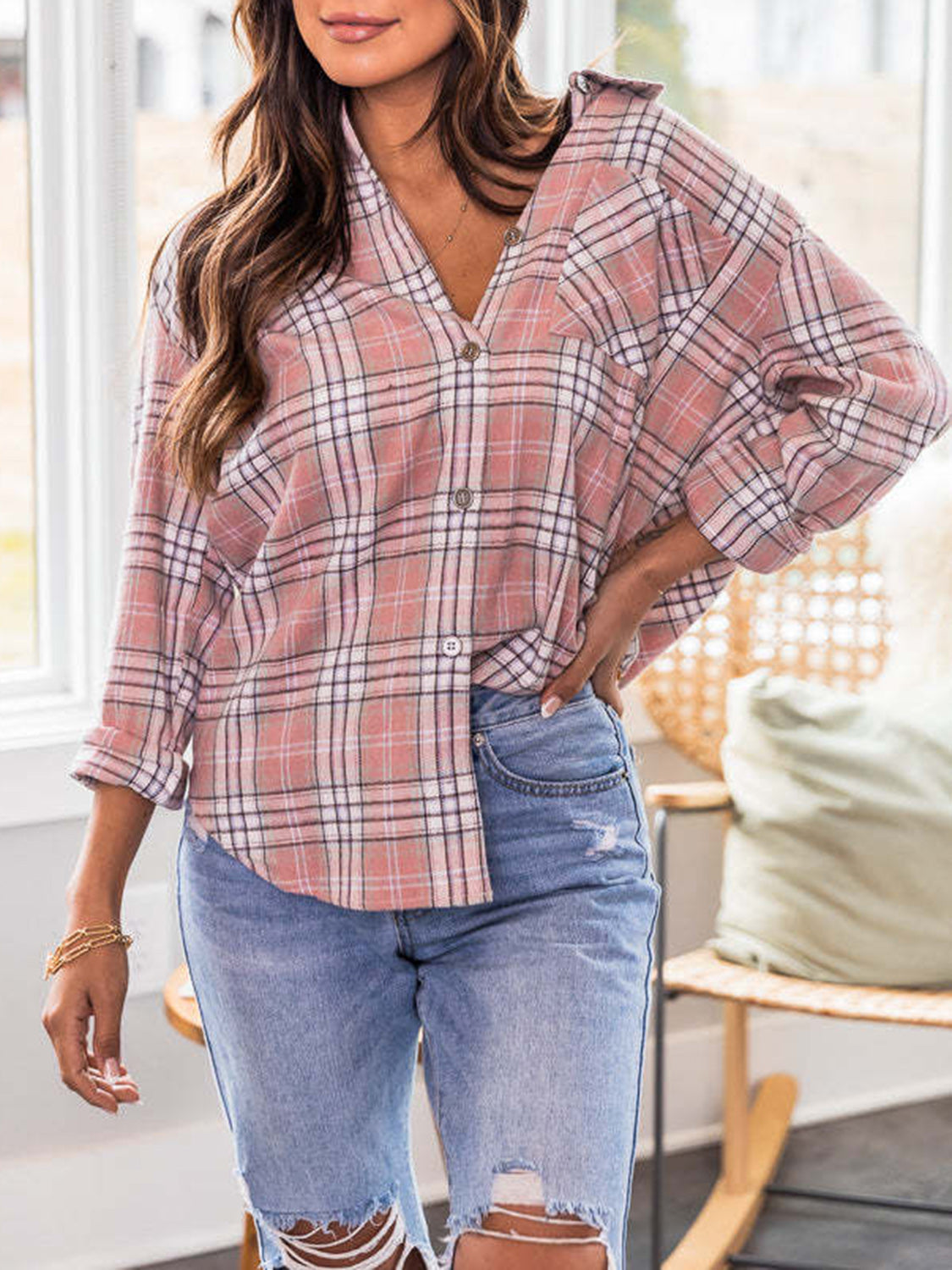 Outfit Flow - Plaid Collared Neck Long Sleeve Shirt