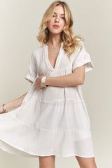 ADORA Tiered Notched Short Sleeve Dress Ivory OutfitFlow