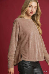 Umgee Round Neck Long Sleeve Side Slit Top OutfitFlow