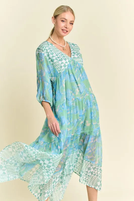 Davi & Dani Geo and Floral Print Mixed Tiered Dress OutfitFlow