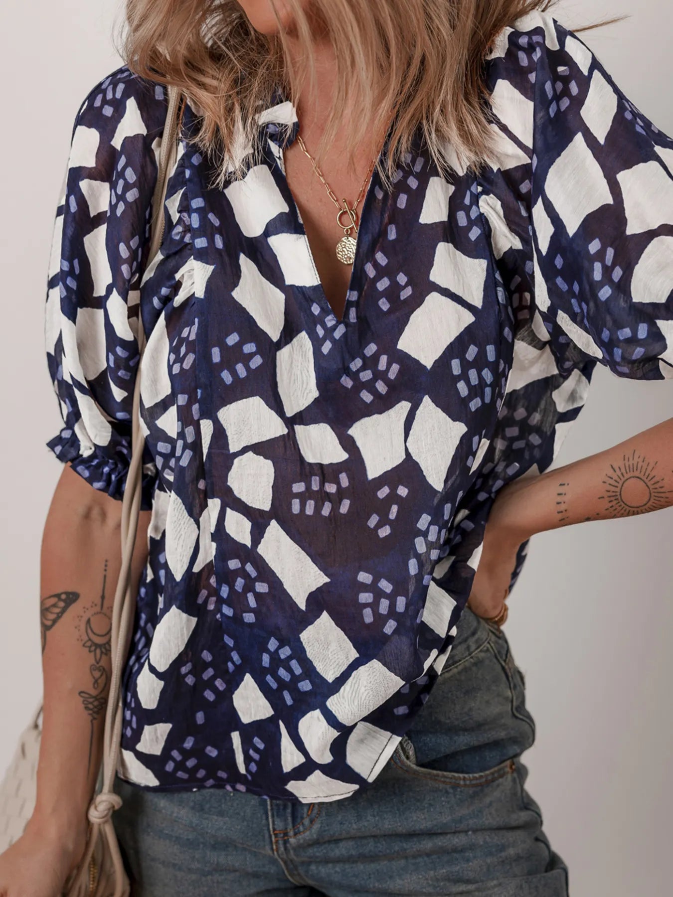 Abstract Print Frilled Puff Sleeve V Neck Blouse OutfitFlow