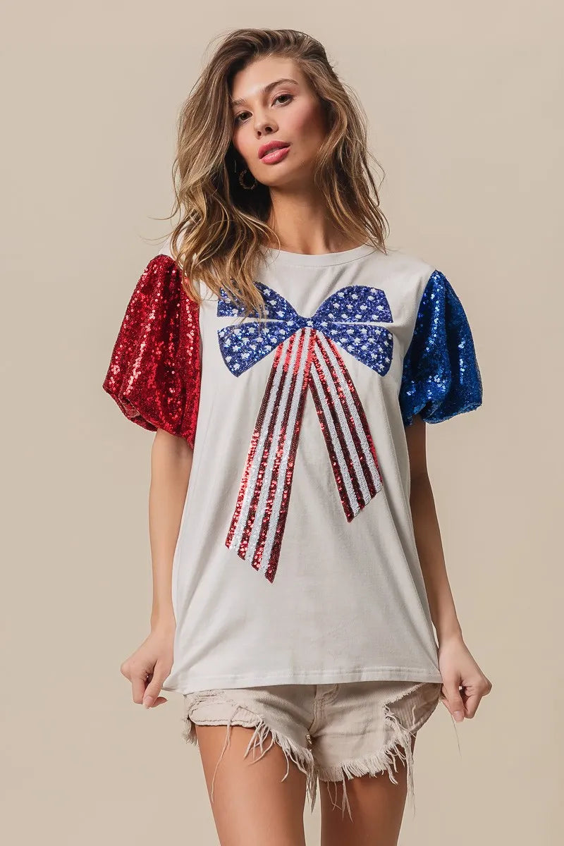 BiBi Sequin American Flag Bow Top OFF WHITE OutfitFlow