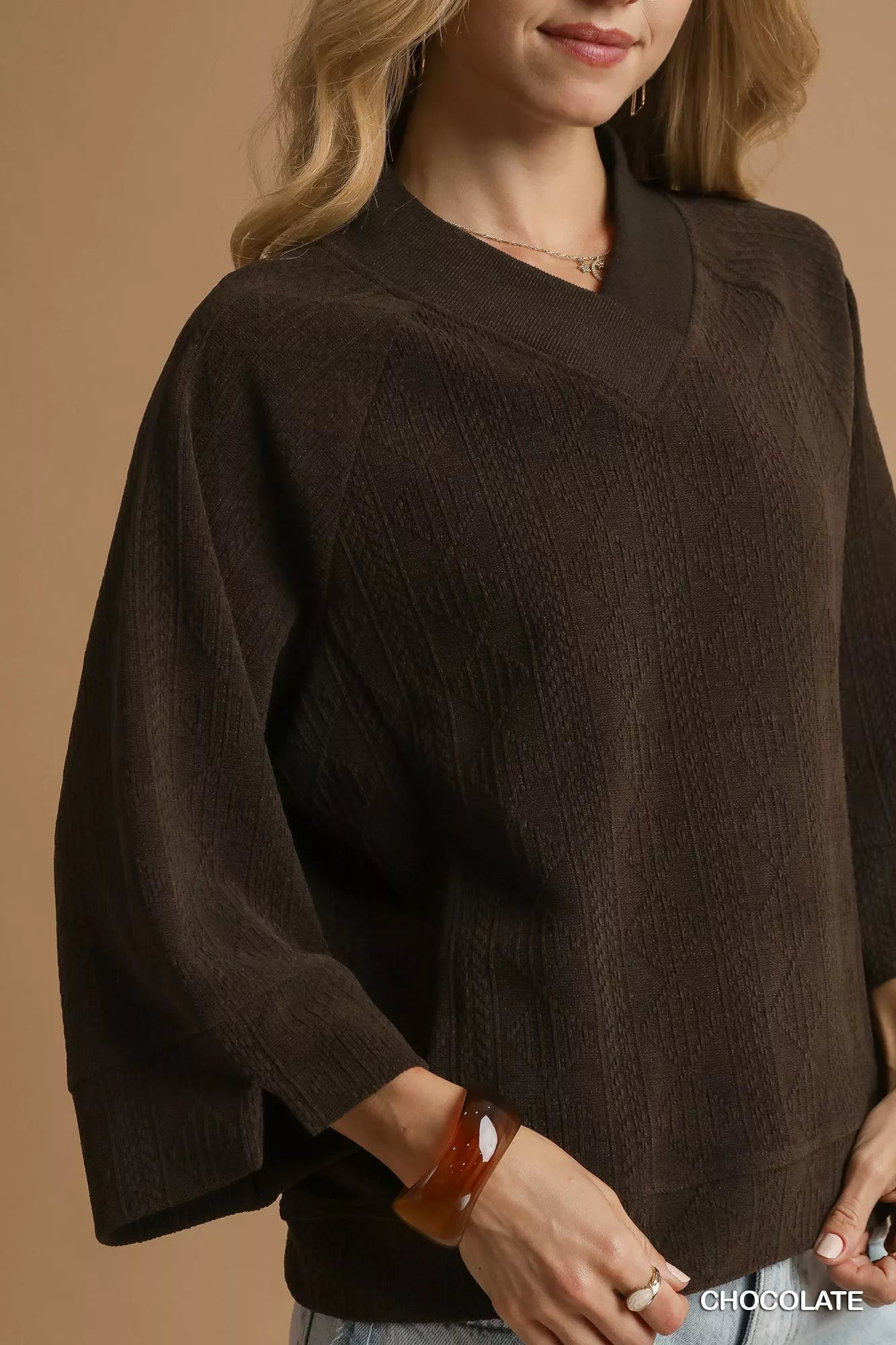 Umgee Textured Knit V-Neck Top Trendsi