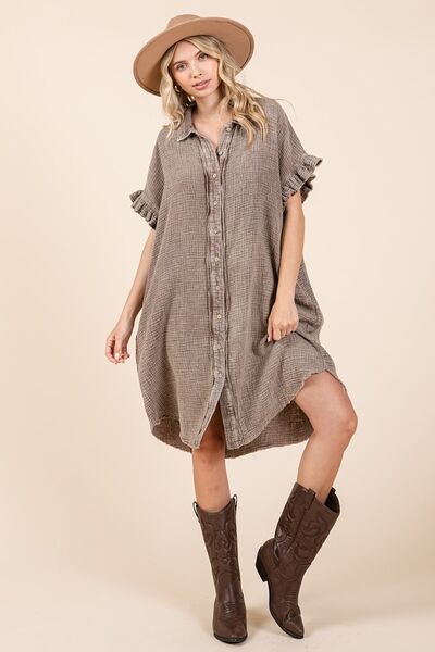 Mittoshop Mineral Wash Cotton Gauze Mini Shirt Dress Toffee OutfitFlow