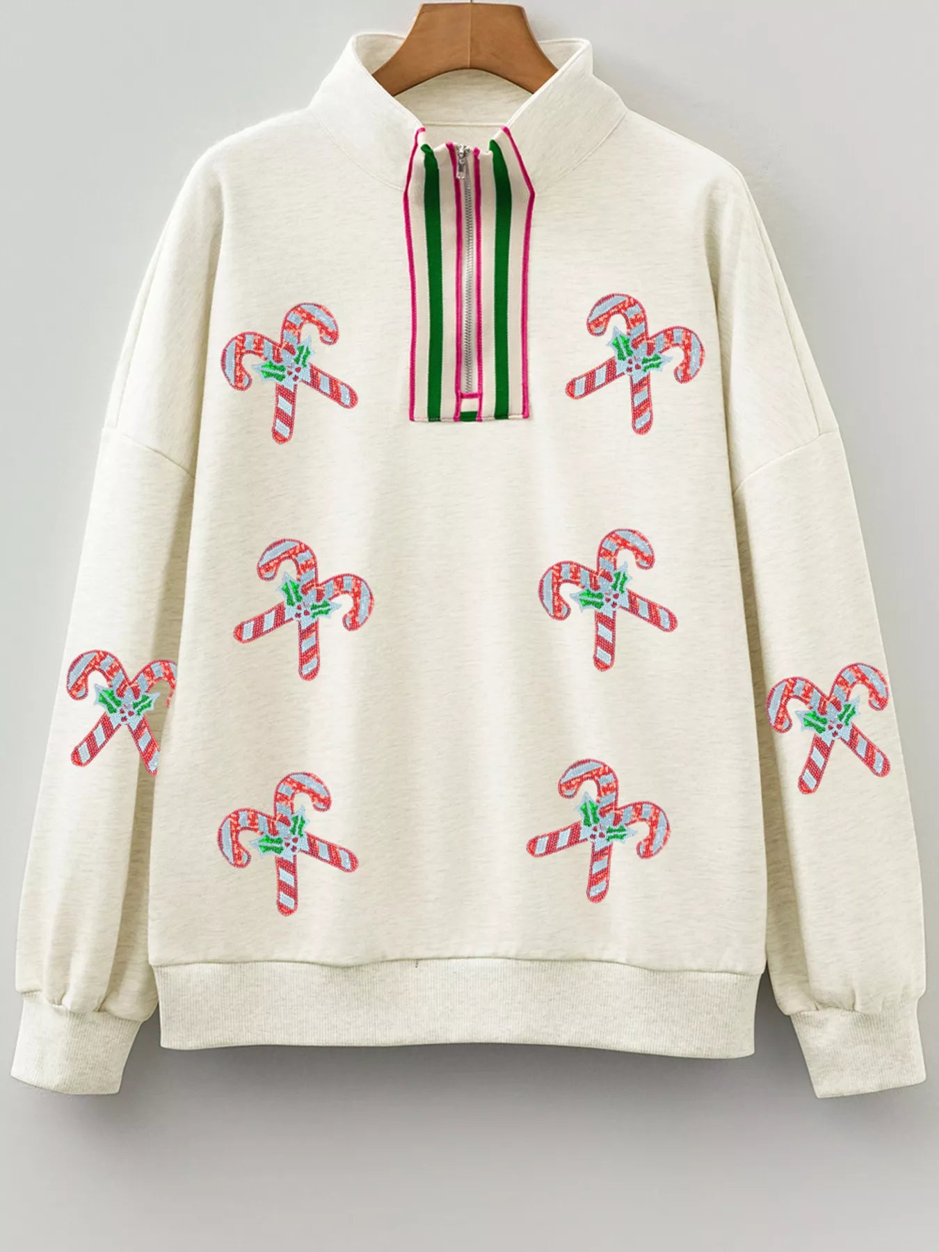 Sequin Candy Canes Contrast Collar Patchwork Loose Sweatshirt OutfitFlow