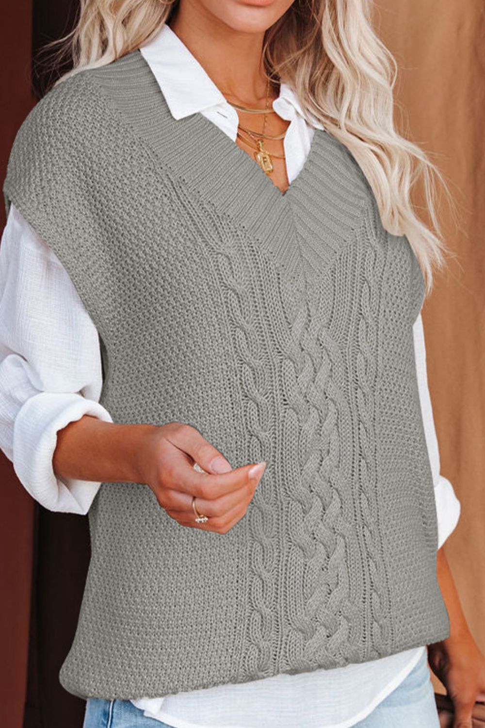 Cable-Knit V-Neck Sweater Vest