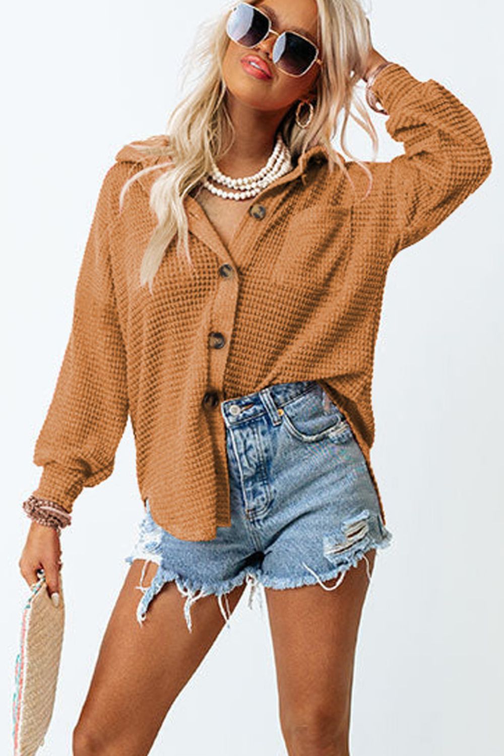 Outfit Flow - Waffle-Knit Collared Neck Long Sleeve Shirt