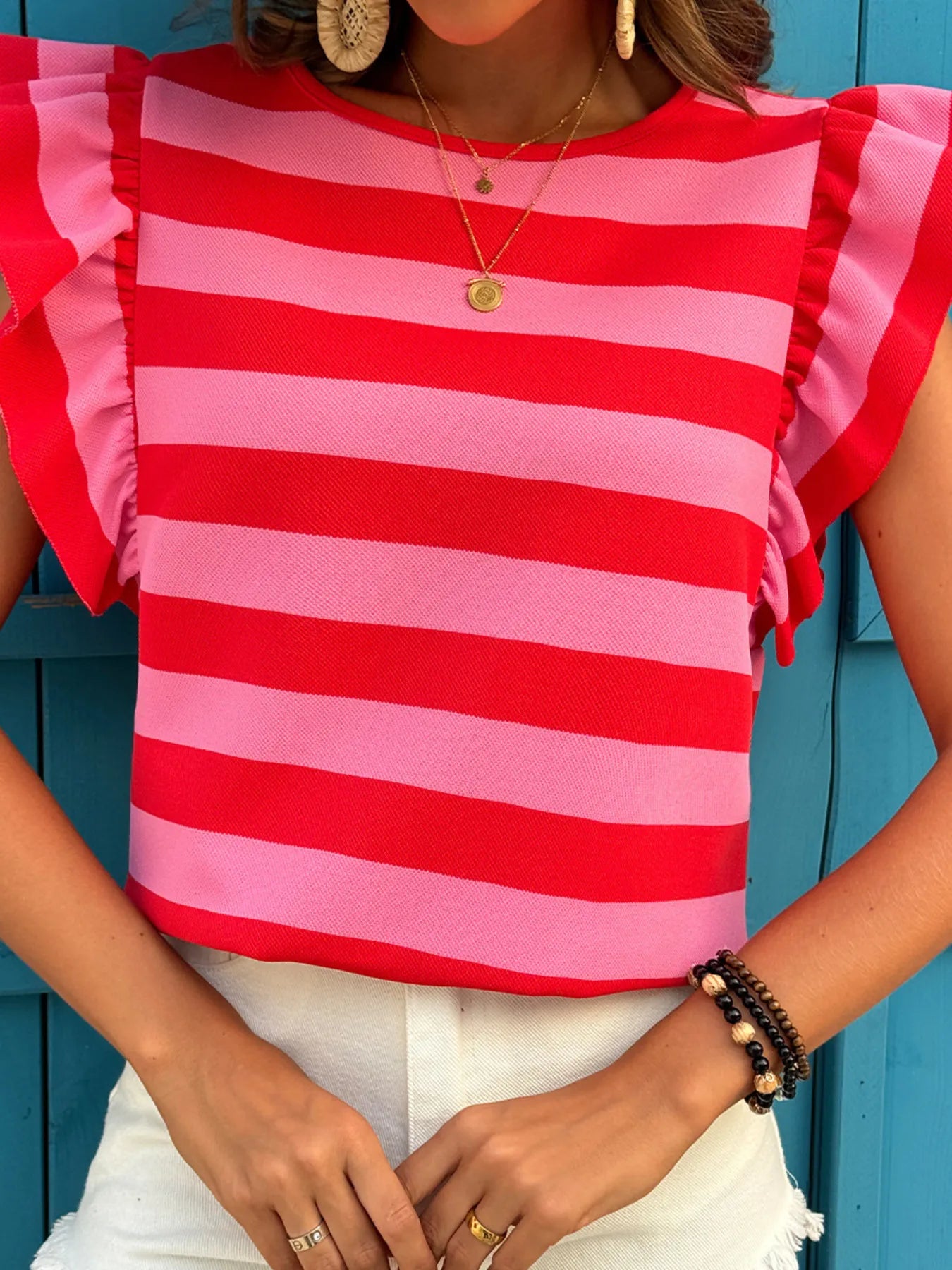 Contrast Striped Ruffle Sleeve T-Shirt OutfitFlow