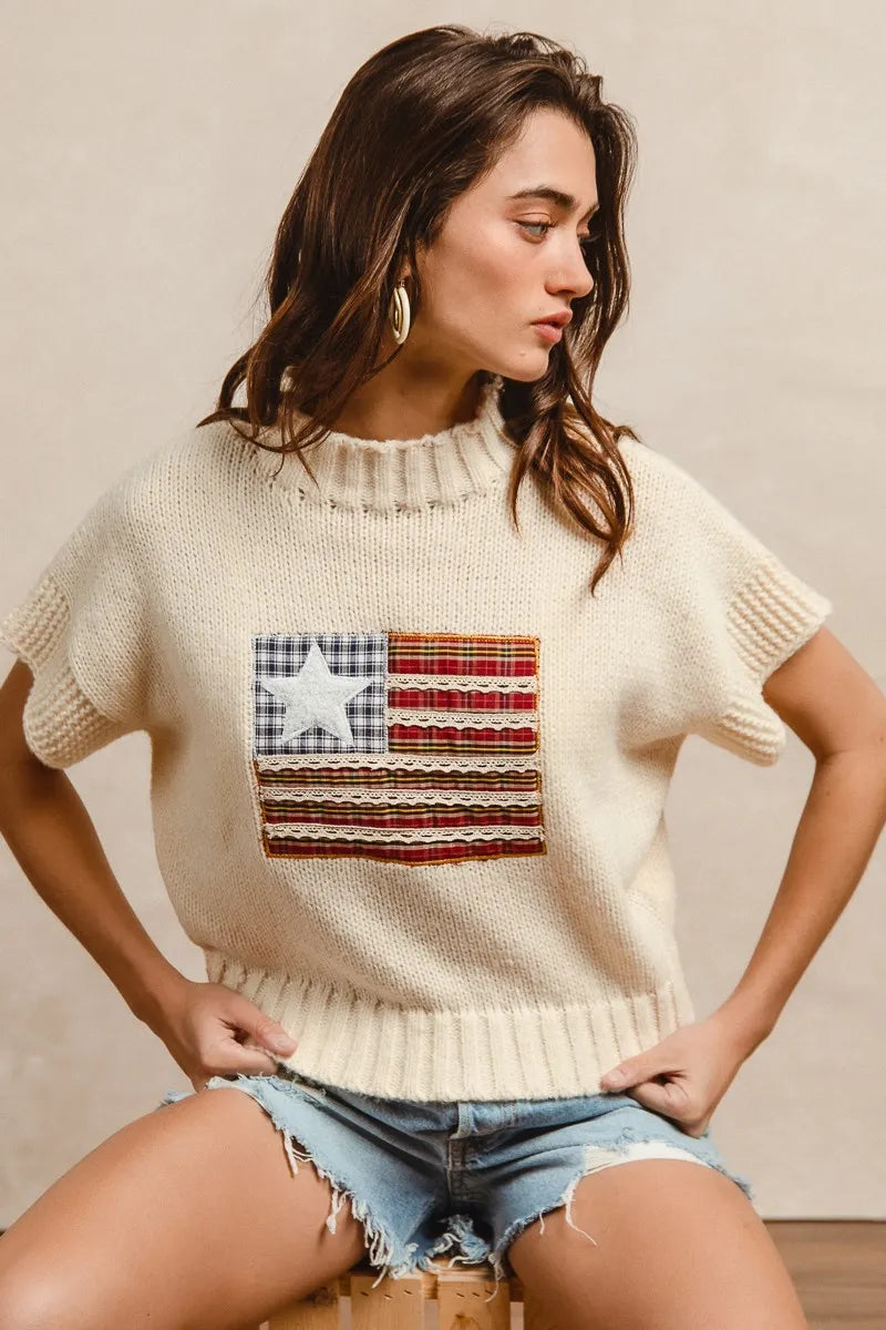 BiBi American Flag Patchwork Drop Shoulder Sweater OutfitFlow