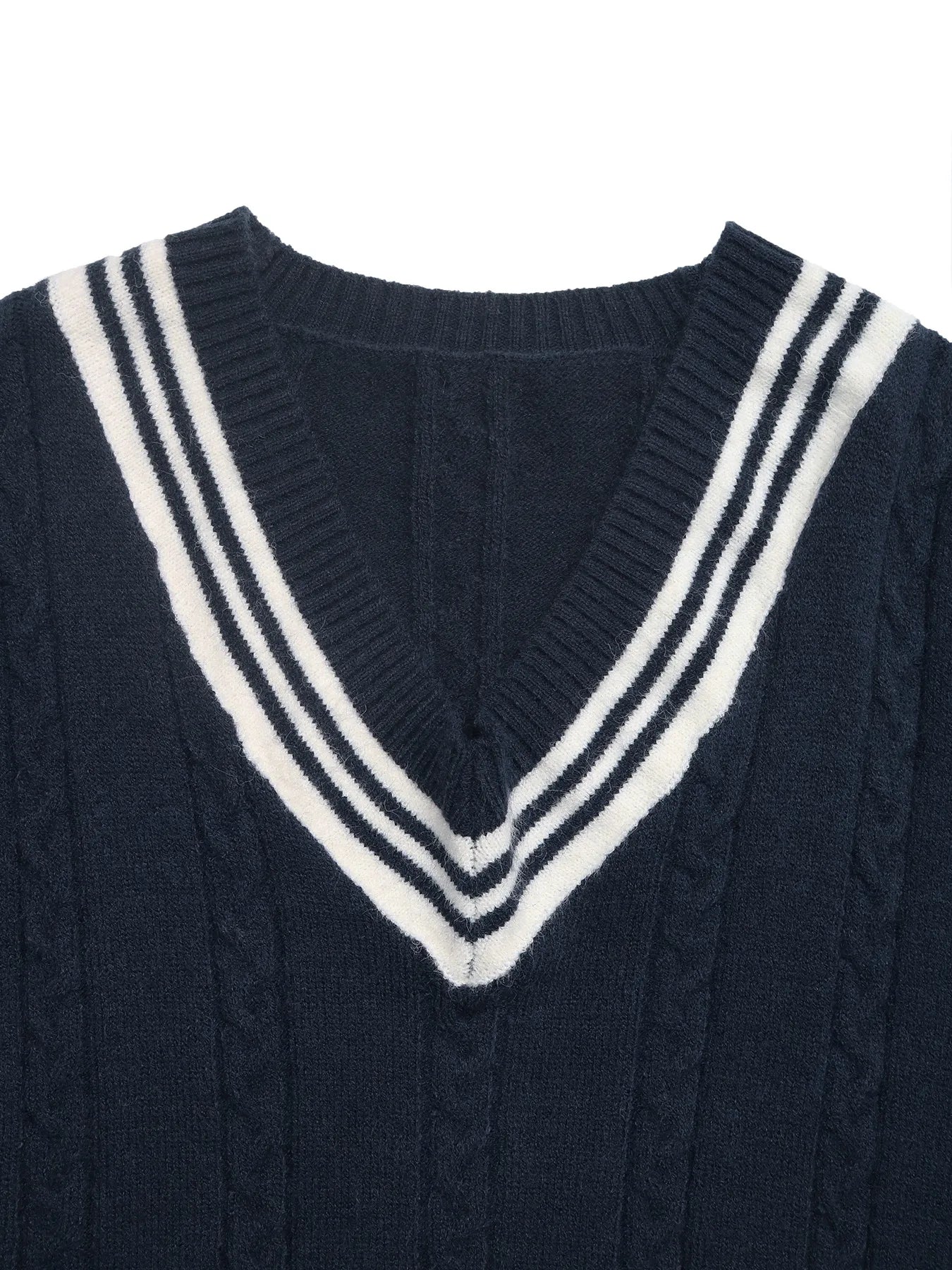 Contrast Striped V-Neck Sweater OutfitFlow