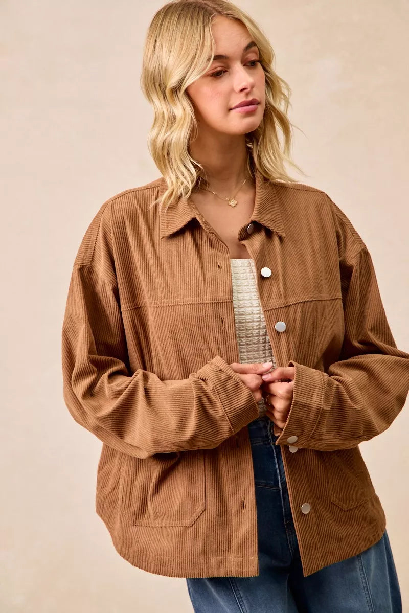 BiBi Corduroy Relaxed Fit Shacket with Back Pleat OutfitFlow