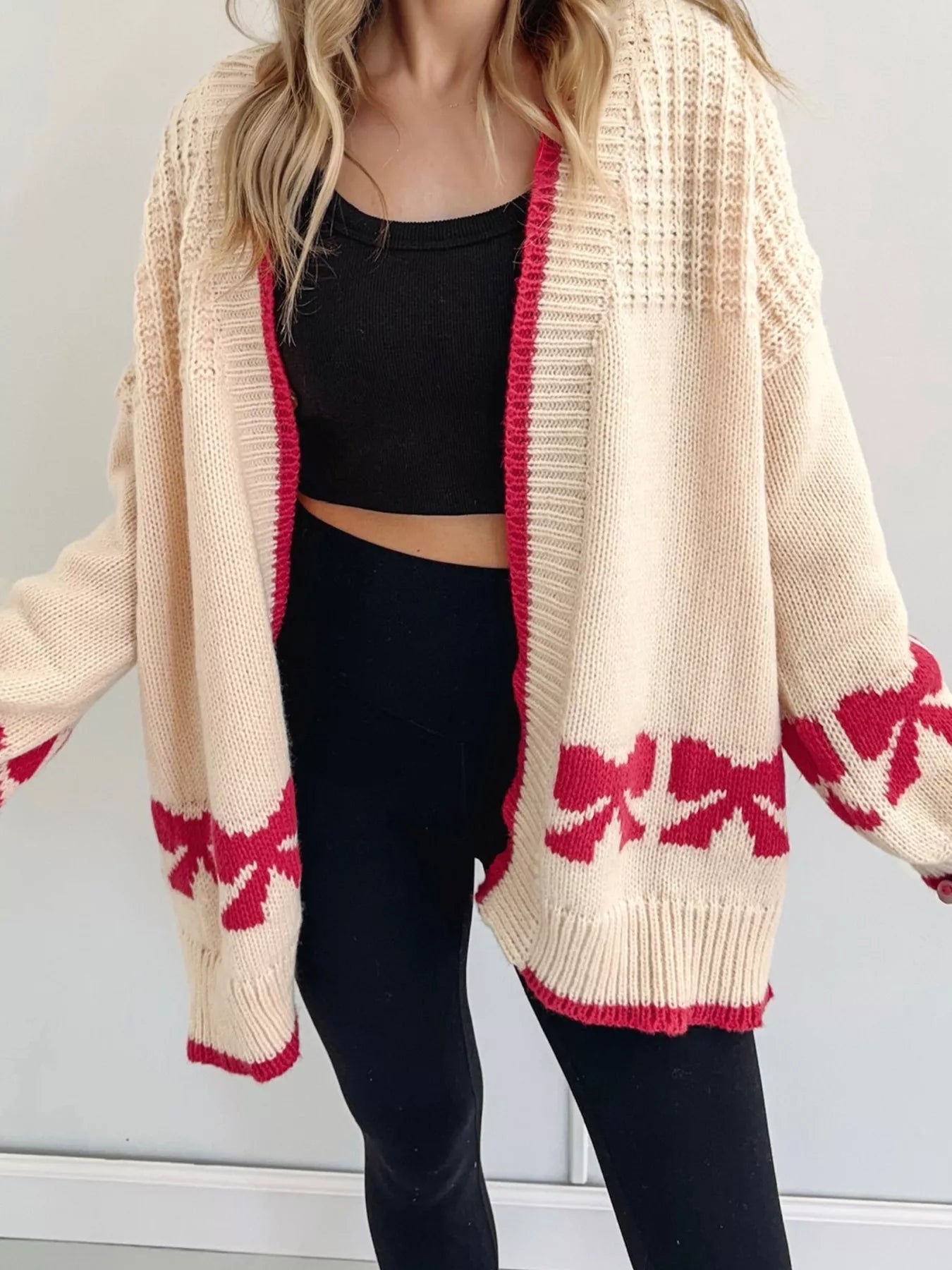 Bow Pattern Textured Open Front Baggy Cardigan Beige OutfitFlow