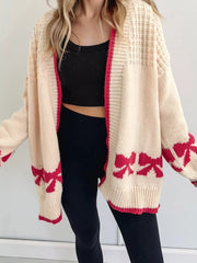 Bow Pattern Textured Open Front Baggy Cardigan Beige OutfitFlow