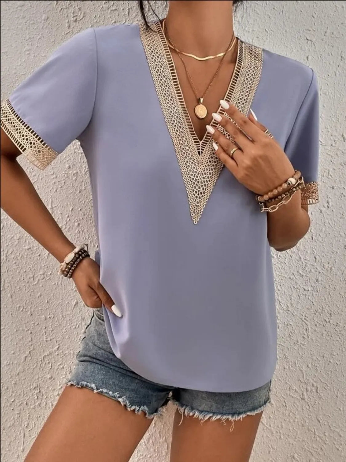 Full Size Contrast V-Neck Short Sleeve Blouse Plus Size OutfitFlow