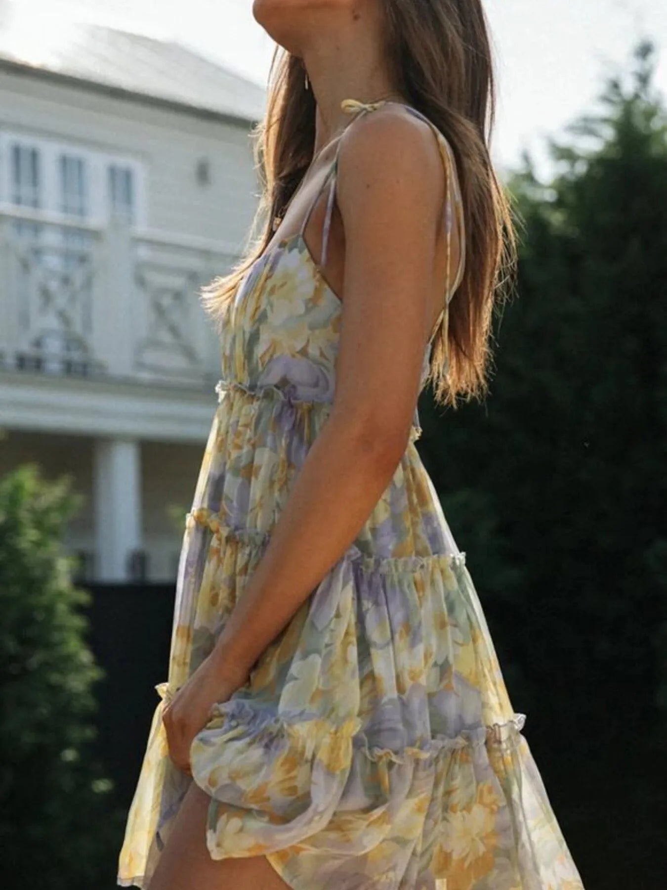 Printed Tie-Strap Tiered Mini Dress OutfitFlow