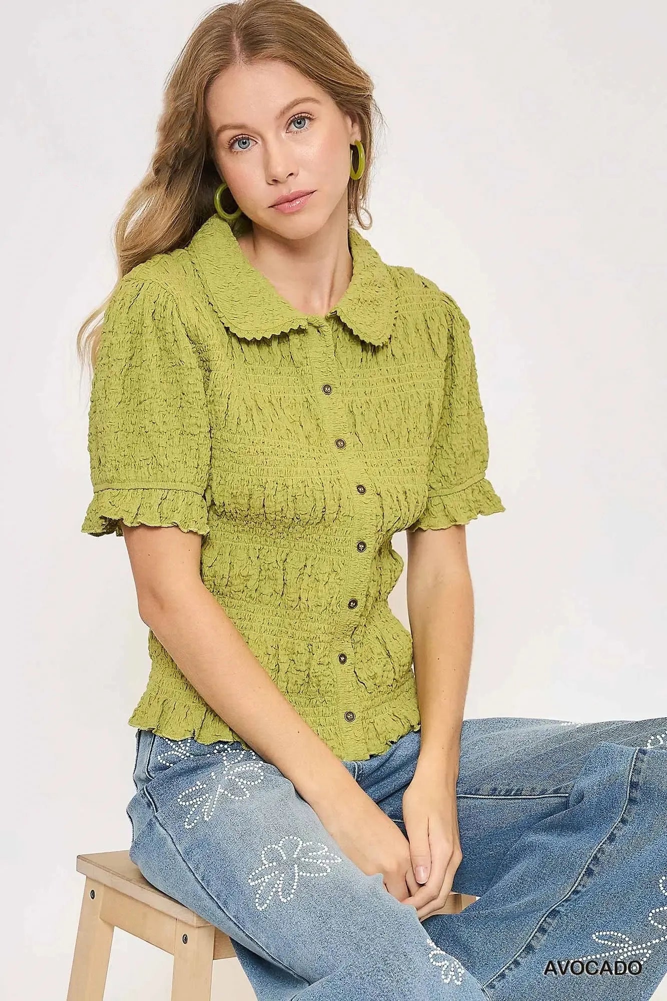 Umgee Smocked Short Sleeve Button-Front Shirt with Peter Pan Collar AVOCADO Trendsi