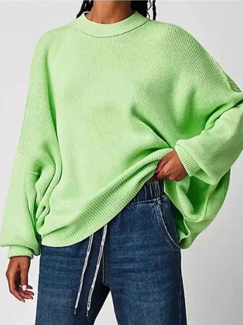 Round Neck Long Sleeve Sweater Neon Green OutfitFlow
