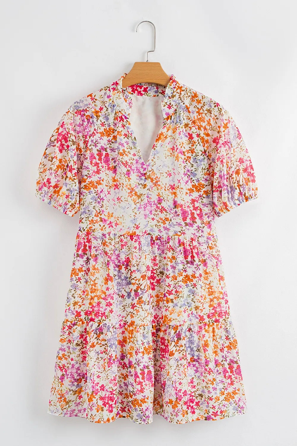 Floral Puff Sleeve Notched Tiered Mini Dress OutfitFlow