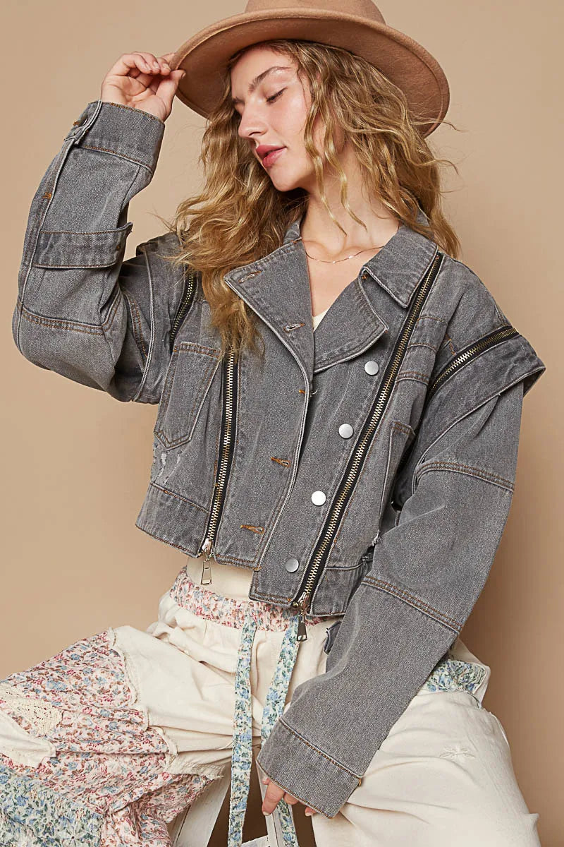 POL Cropped Denim Jacket with Functional Zipper Detail OutfitFlow
