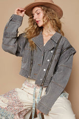 POL Cropped Denim Jacket with Functional Zipper Detail OutfitFlow