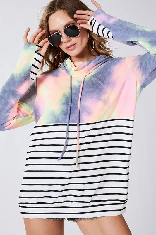 BiBi Tie Dye French Terry Cowl Neck Top OutfitFlow