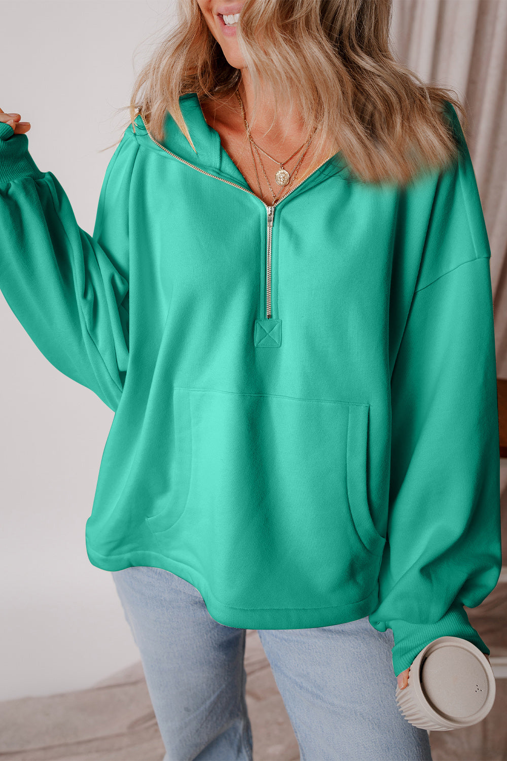 Pocketed Half Zip Dropped Shoulder Hoodie Turquoise OutfitFlow
