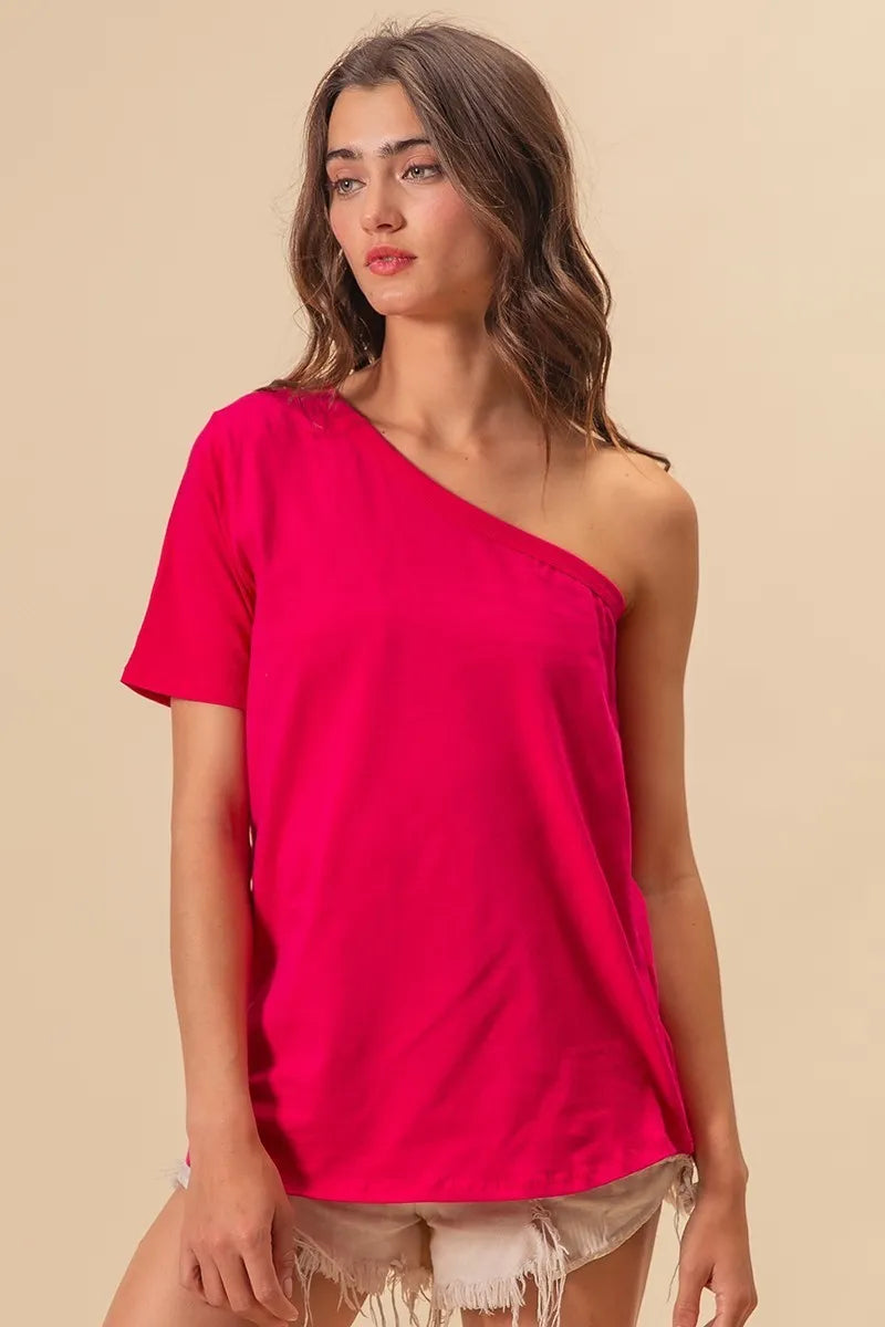 BiBi Cotton Span Knit One Shoulder Top FUCHSIA OutfitFlow
