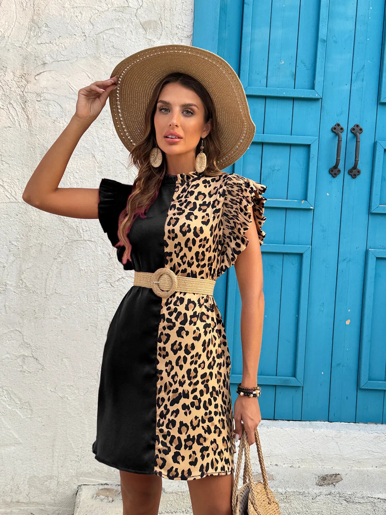 Leopard Color Block Ruffle Sleeve Dress OutfitFlow