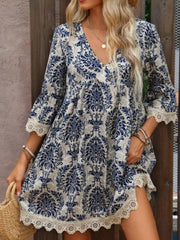 Lace Detail Printed V-Neck Mini Dress