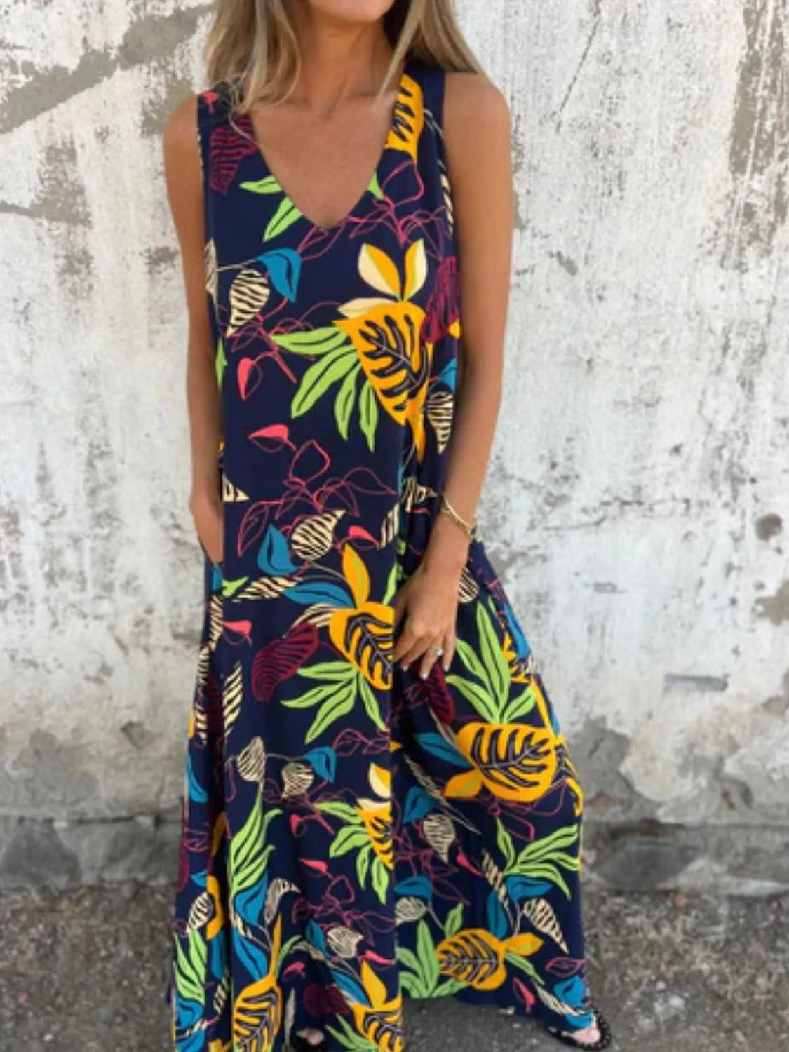 Full Size Printed V-Neck Sleeveless Dress Plus Size OutfitFlow