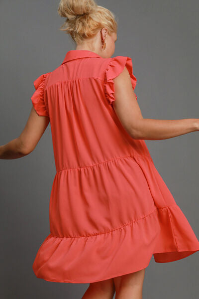 Umgee Full Size Johnny Collar Ruffle Cap Sleeve Tiered Dress Plus Size OutfitFlow