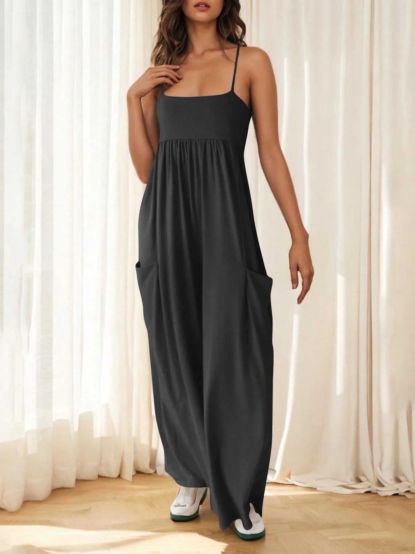 Spaghetti Strap Wide Leg Jumpsuit Dark Gray OutfitFlow