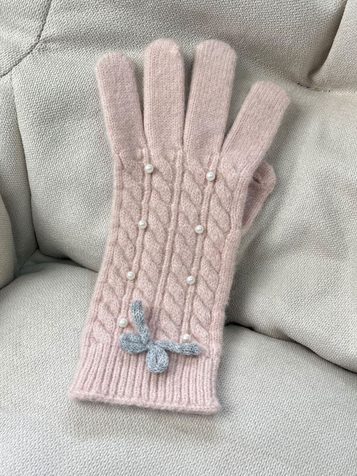 Thermal Pearl Detail Bow Five-Finger Gloves Blush Pink One Size OutfitFlow