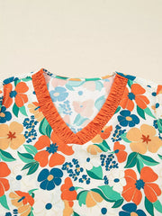Frilled V Neck Floral Print Blouse OutfitFlow