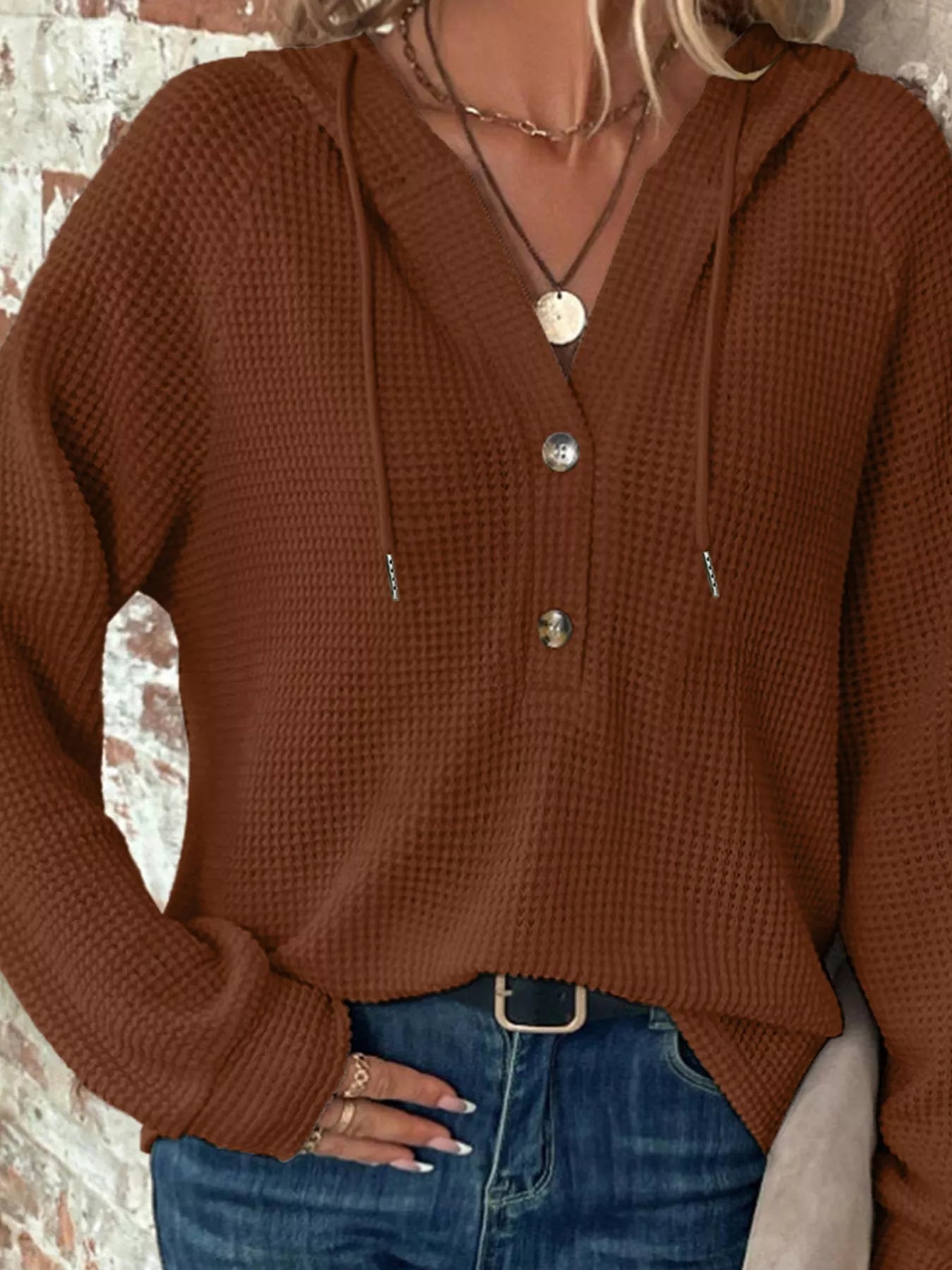 Casual Waffle Knit Button Detail Hoodie OutfitFlow