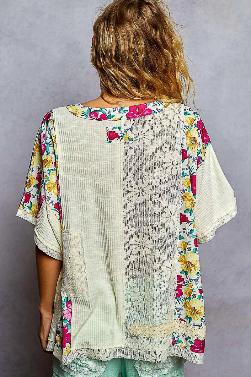 POL Lace Round Neck Short Sleeve Floral Pattern Top with Patch Detail OutfitFlow