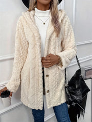 Fuzzy Button Down Hooded Coat Cream Trendsi