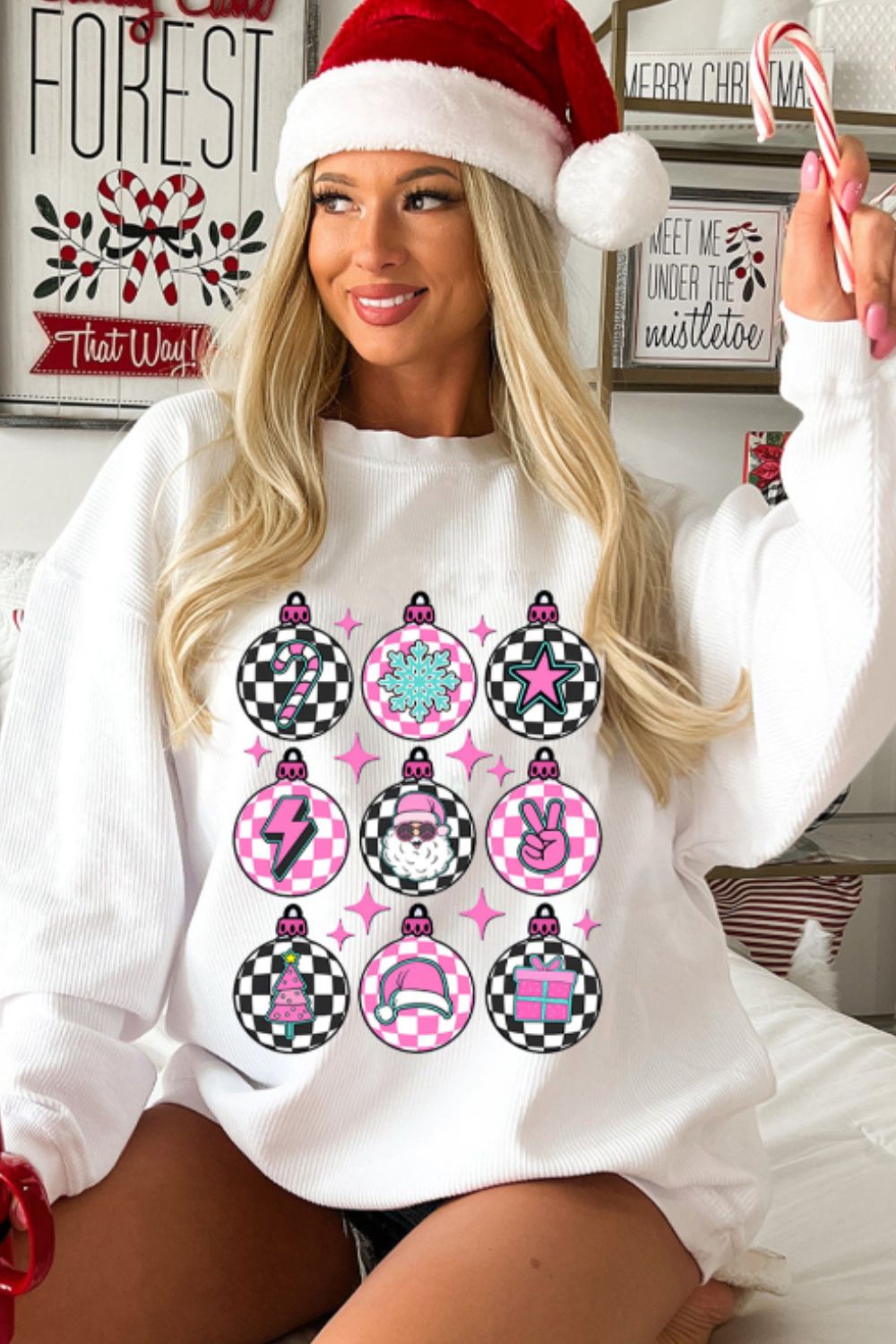 Christmas Pattern Drop Shoulder Ribbed Sweatshirt