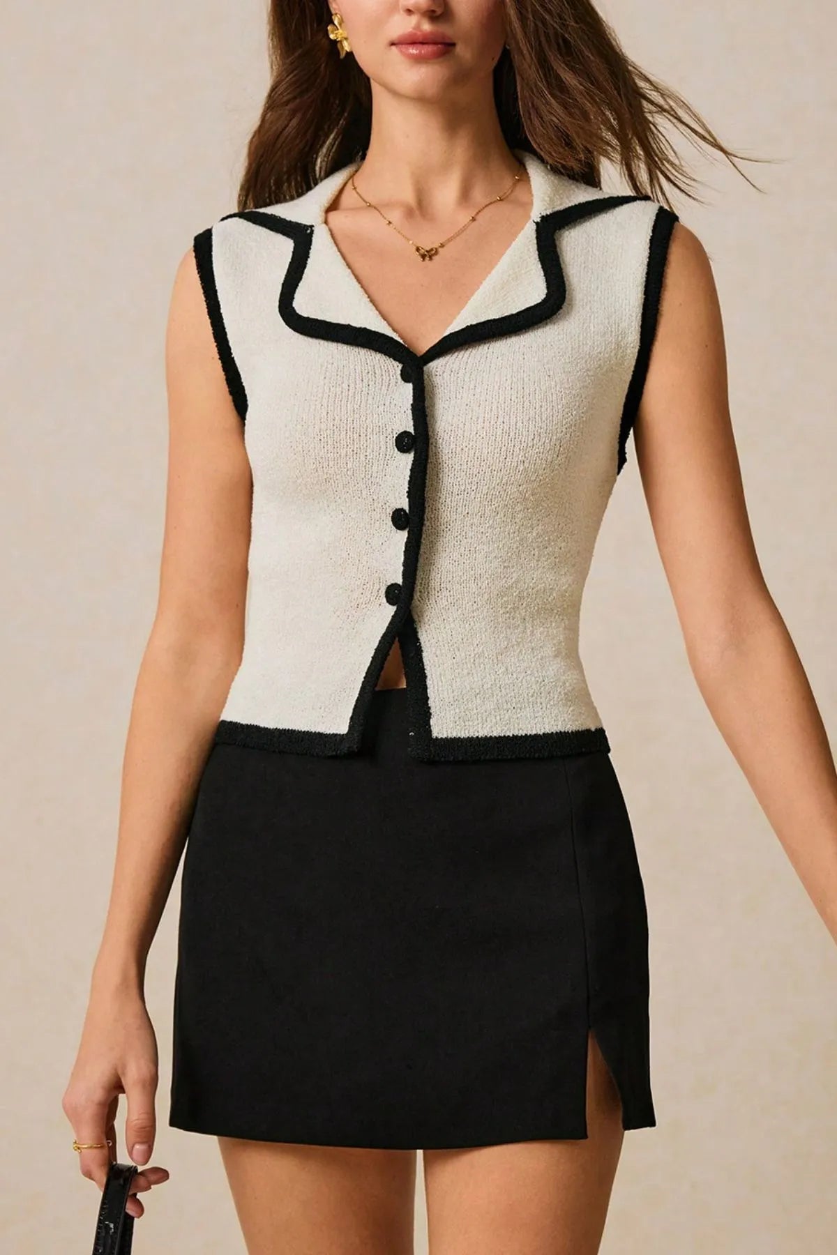 Contrast Trim Button Front Sweater Vest OutfitFlow