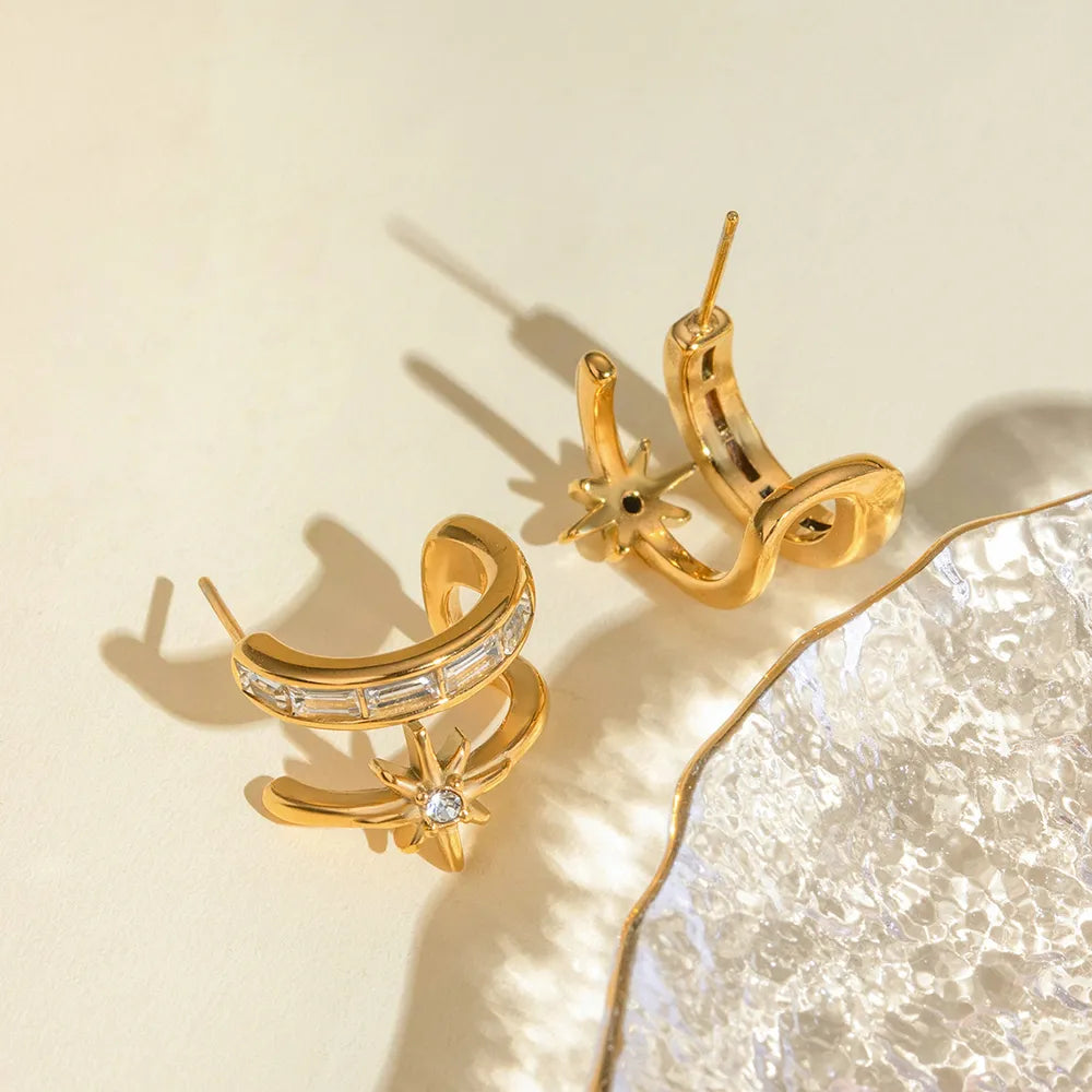 Stainless Steel Zircon Double-Layered Earrings OutfitFlow