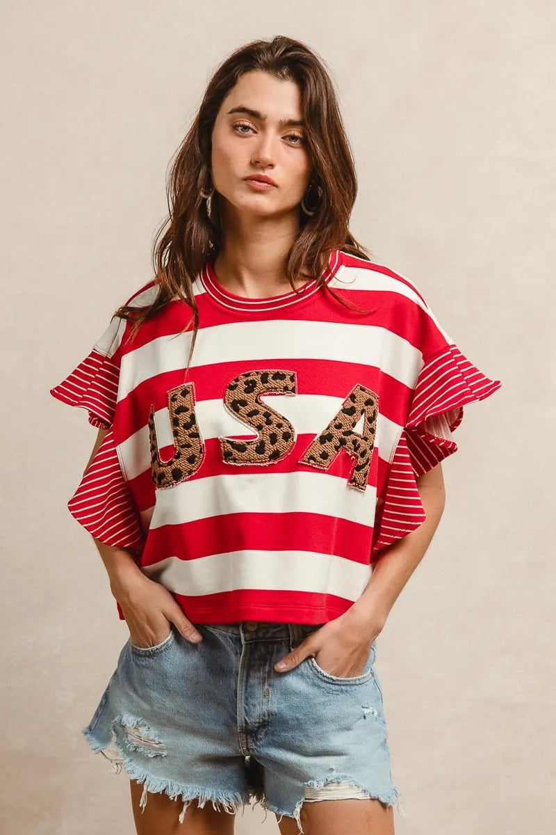 BiBi Stripe Mixed Ruffle Sleeve Top With Leopard Letter OutfitFlow