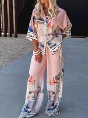 Printed Button Up Top and Pants Set OutfitFlow