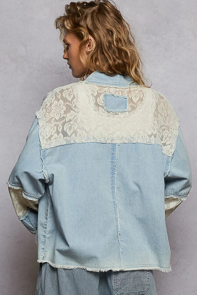 POL Printed Woven Mix Raw Hem Jacket with Lace Detail OutfitFlow