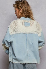 POL Printed Woven Mix Raw Hem Jacket with Lace Detail OutfitFlow