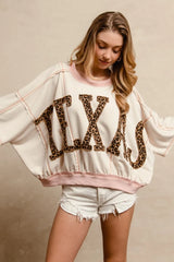 BiBi Leopard Print Texas Patchwork Overlock Stitch Top OutfitFlow