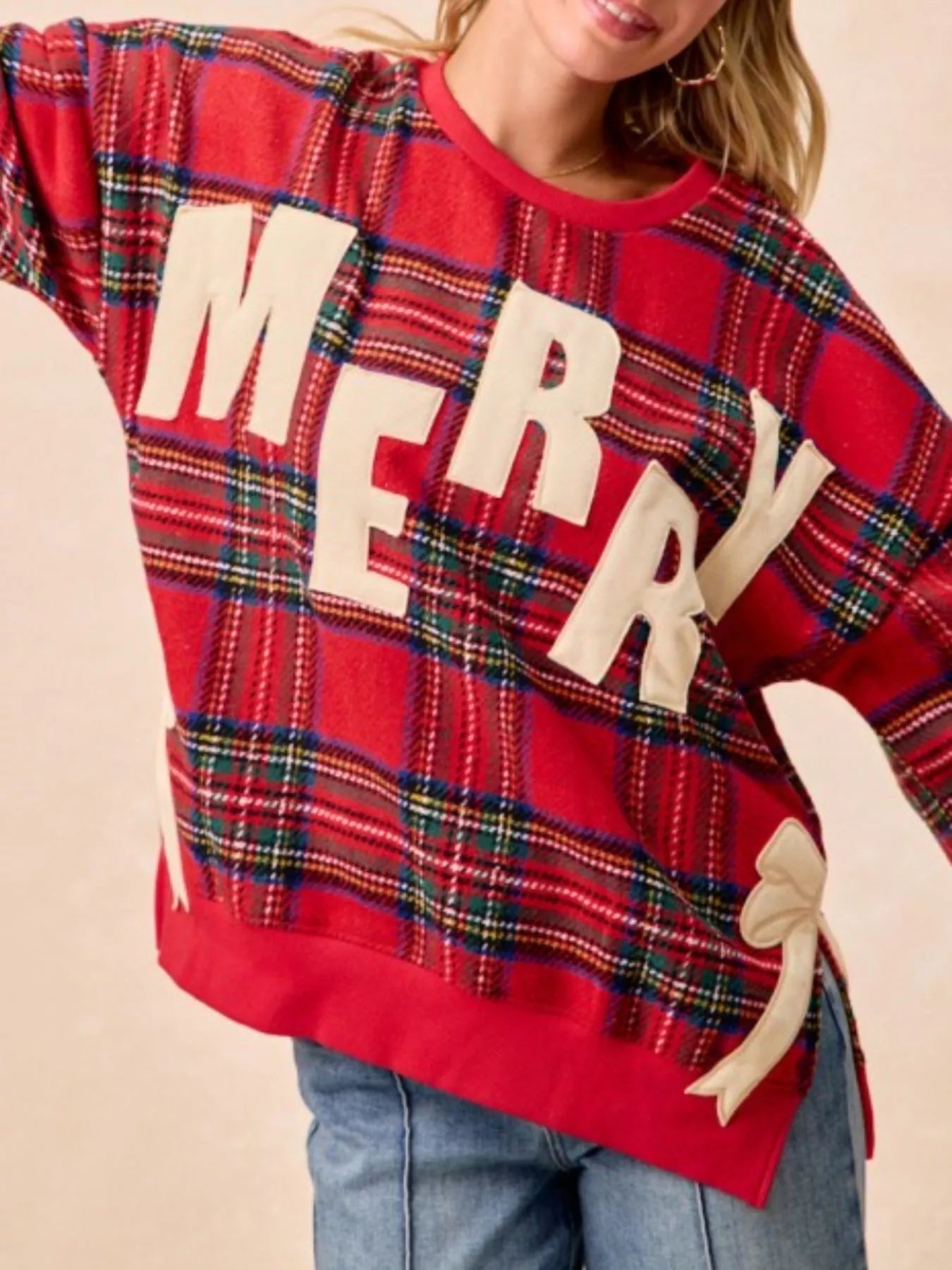 MERRY Bow Slit Crew Neck Christmas Sweatshirt Deep Red OutfitFlow