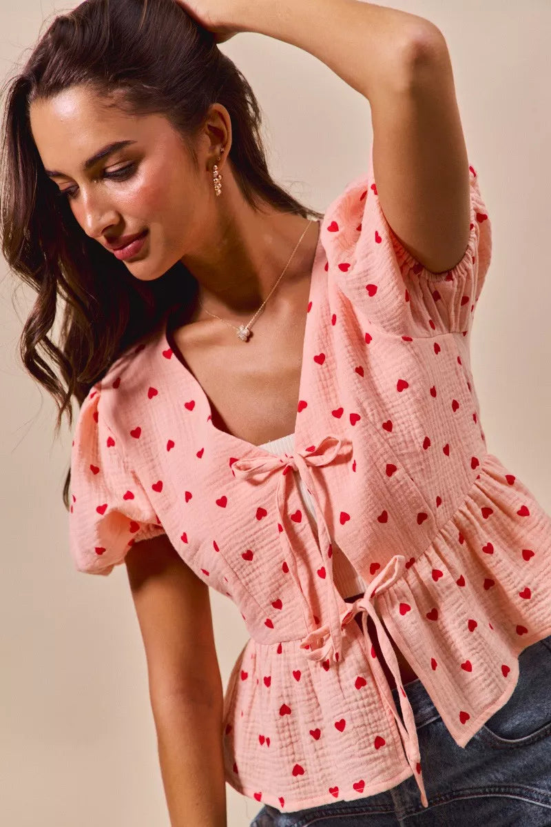 SO ME All Over Heart Ribbon Tie Baby Doll Valentine Blouse OutfitFlow