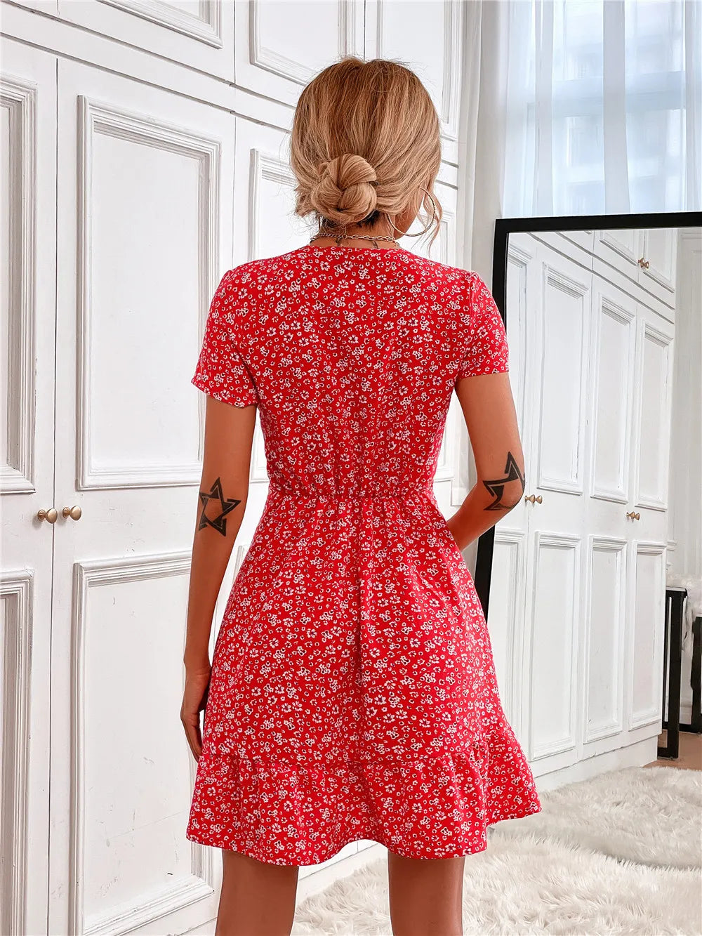 Printed Ruffled Hem V-Neck Short Sleeve Mini Dress OutfitFlow